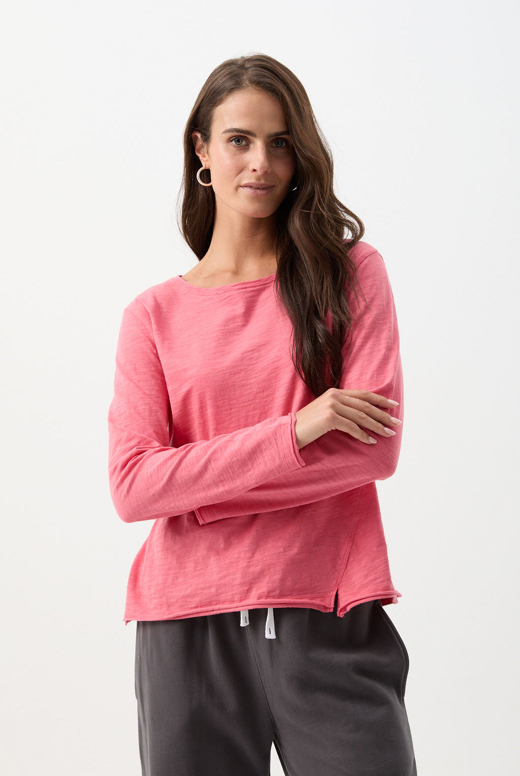 Cotton Front Split Long Sleeve Tee - Coral by cloth+paper+scissors. Timeless women’s fashion using natural fibres and classic shapes