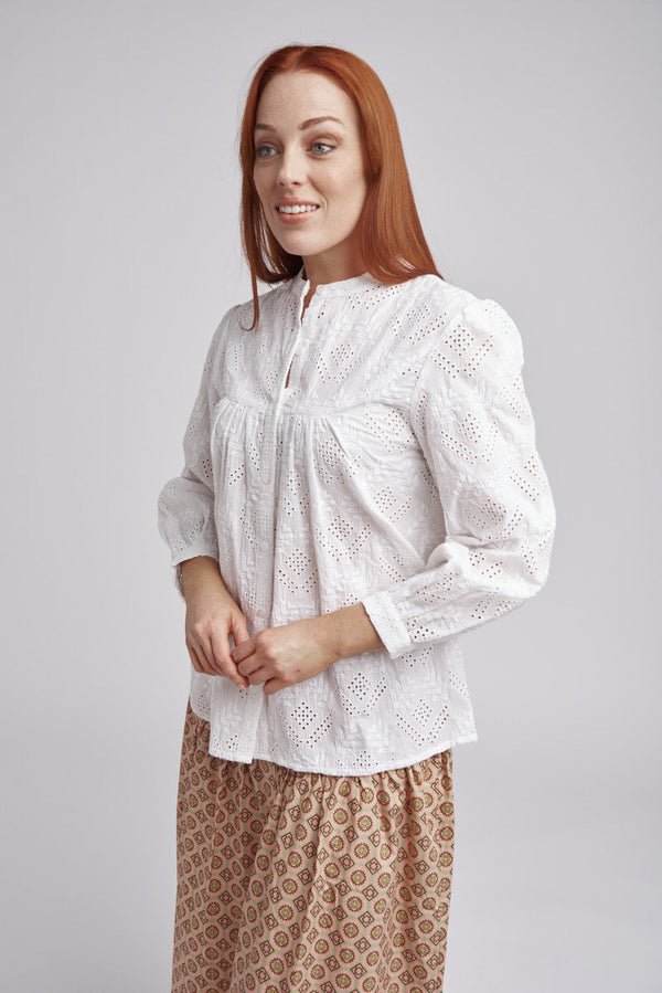 Curved Yoke Embroidered Cotton Shirt