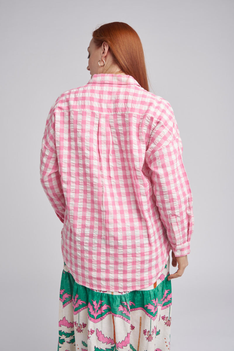 Gingham Oversized Cotton Shirt Pink/White