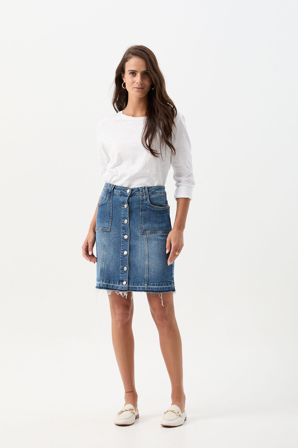 cloth+paper+scissors Bottoms Denim Knee Length Button Up Skirt - Light Blue