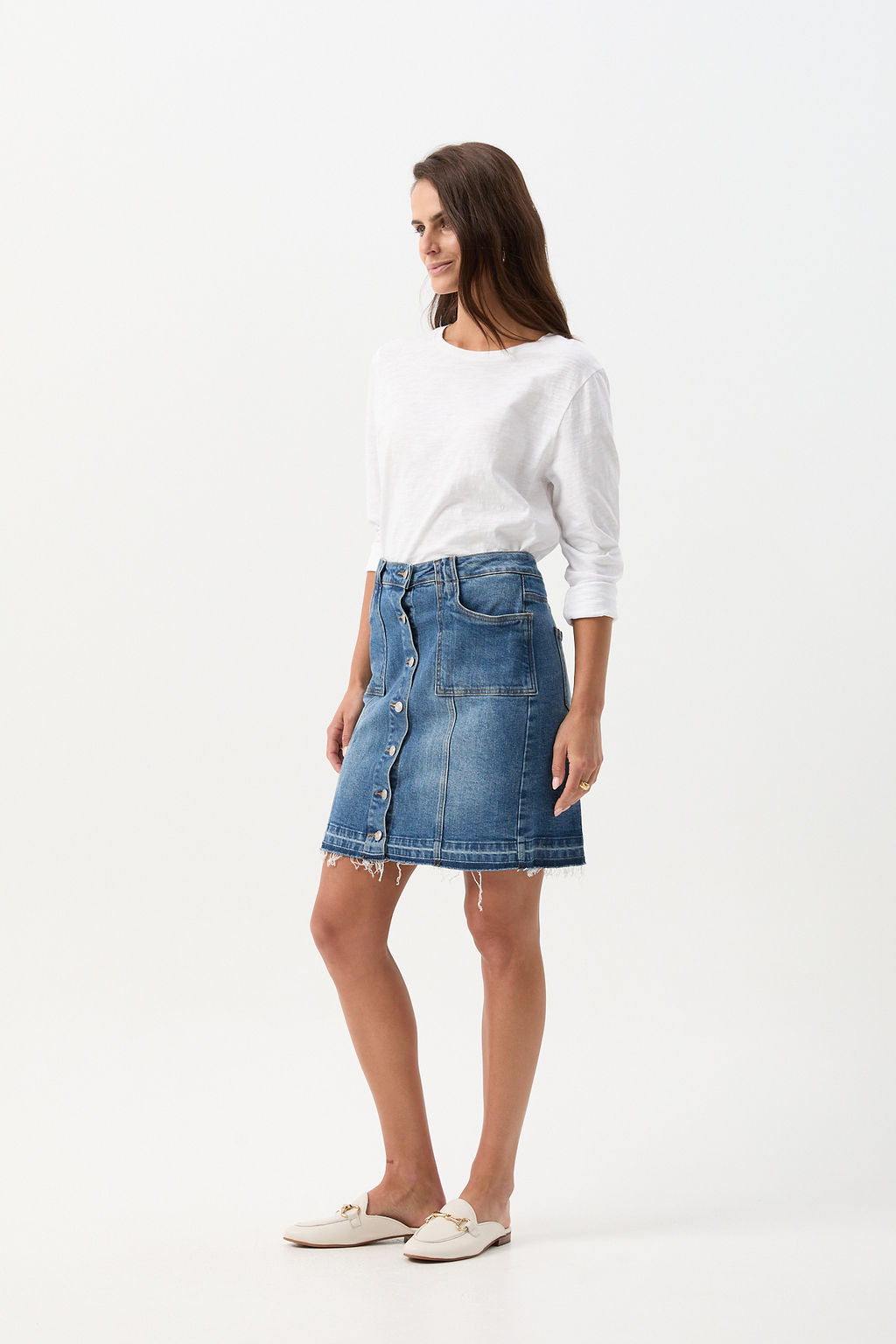 cloth+paper+scissors Bottoms Denim Knee Length Button Up Skirt - Light Blue