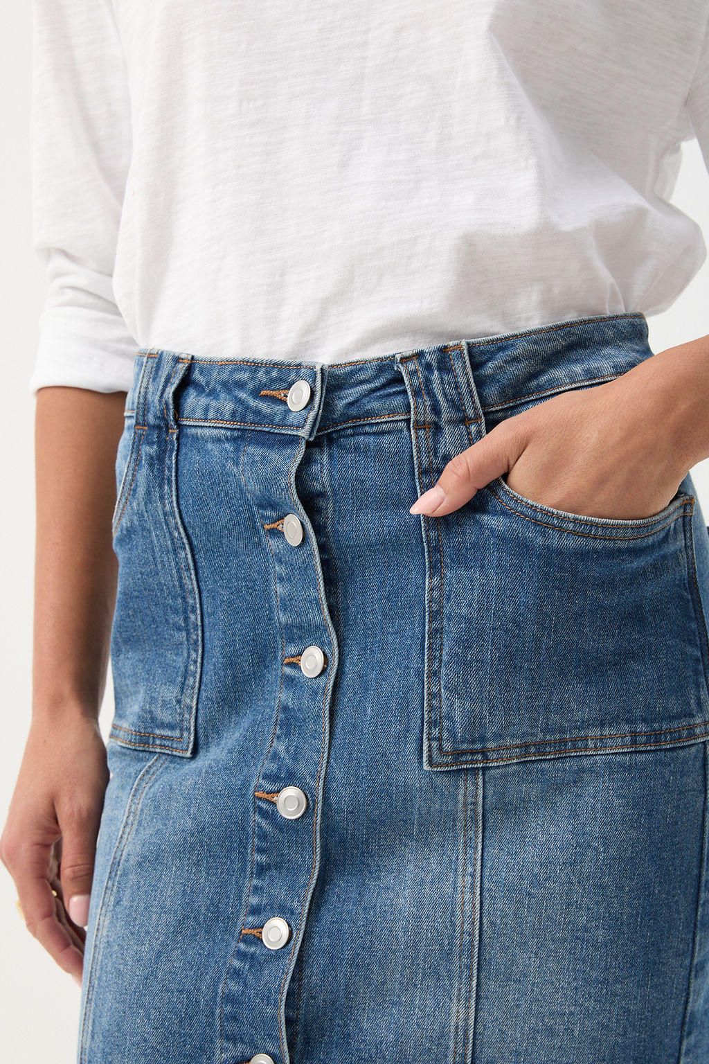 cloth+paper+scissors Bottoms Denim Knee Length Button Up Skirt - Light Blue