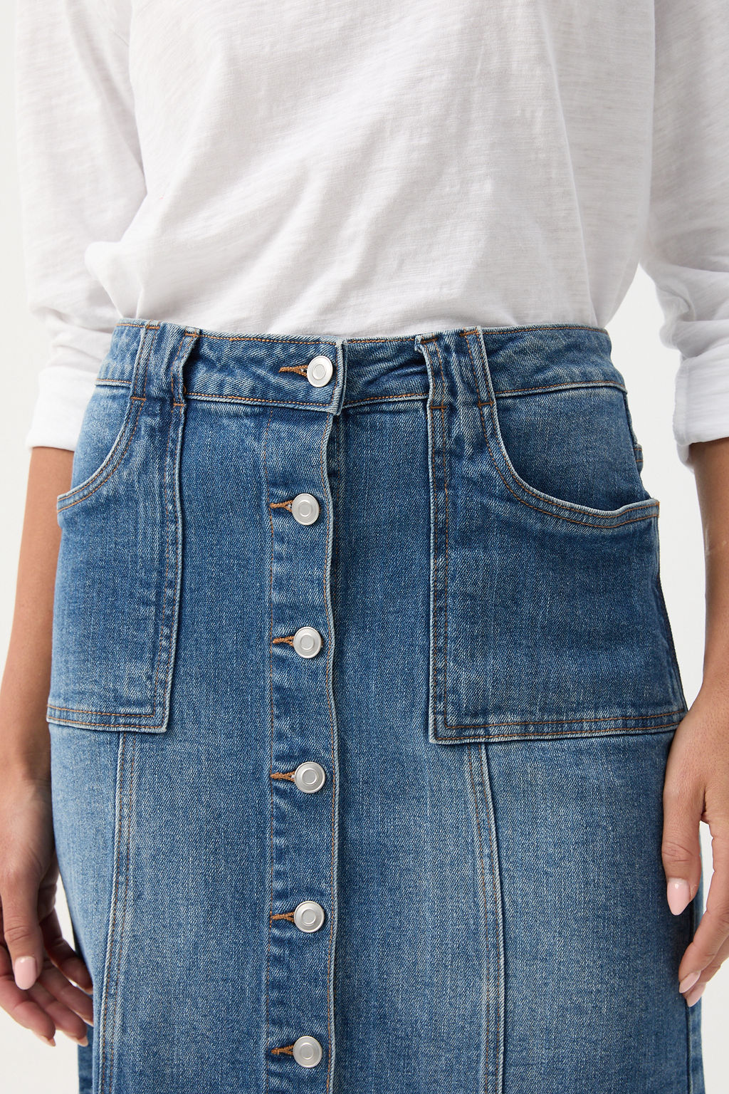 cloth+paper+scissors Bottoms Denim Knee Length Button Up Skirt - Light Blue