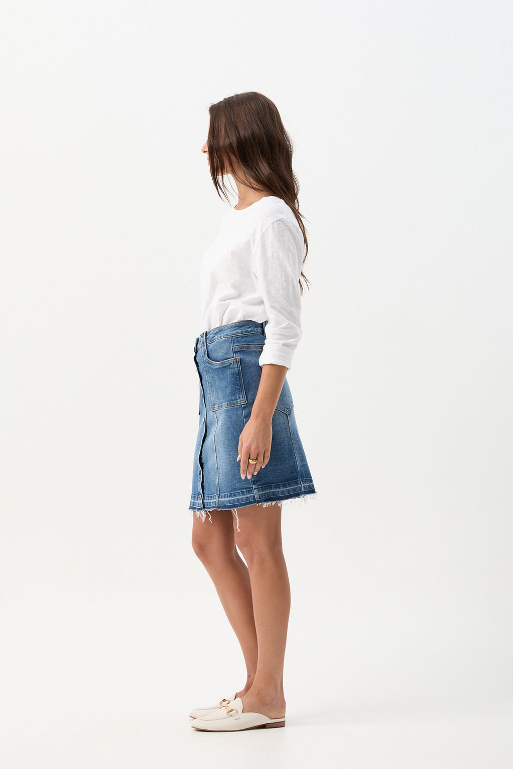 cloth+paper+scissors Bottoms Denim Knee Length Button Up Skirt - Light Blue