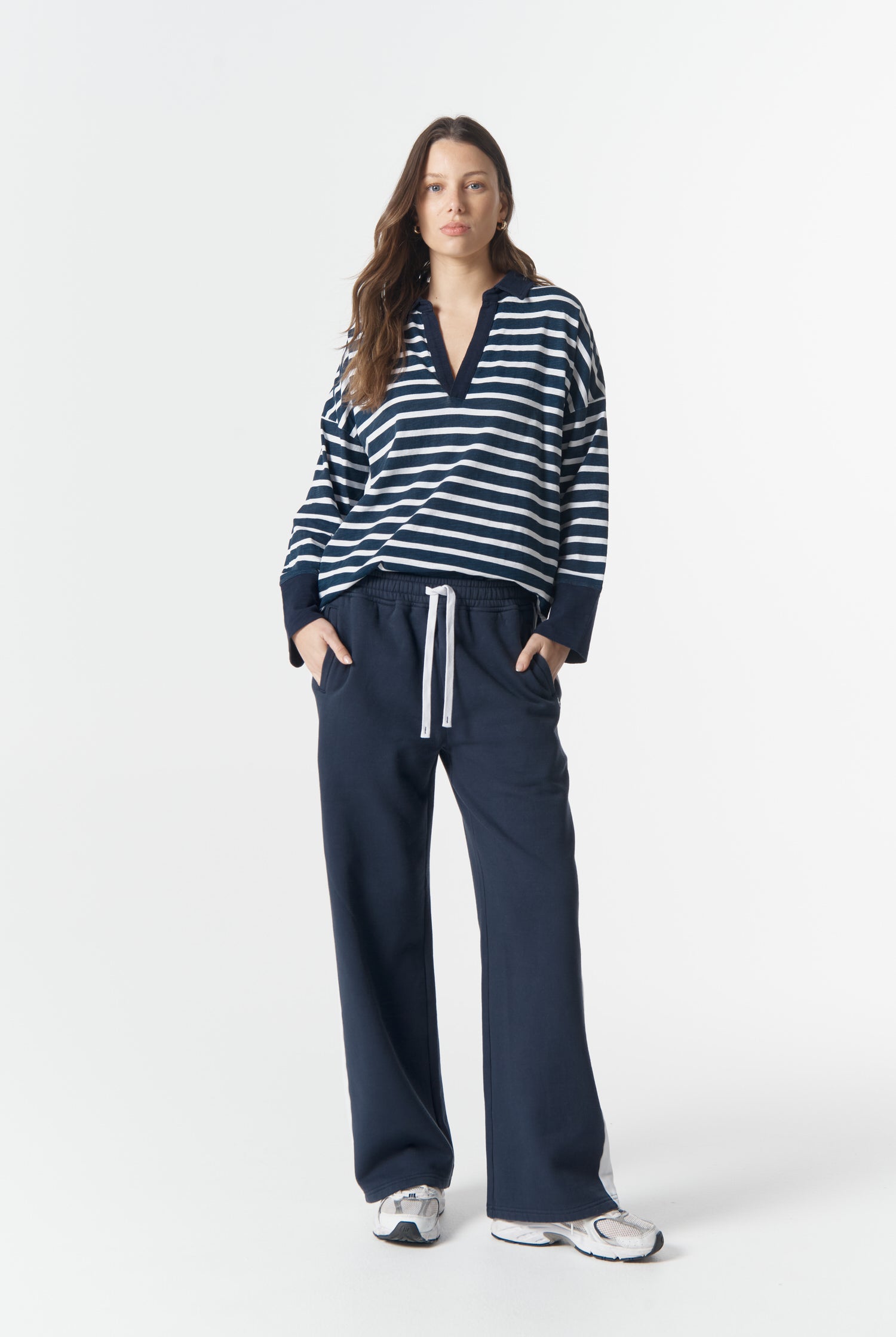 cloth+paper+scissors Bottoms Track Stripe Trackie - Parisian Navy/White