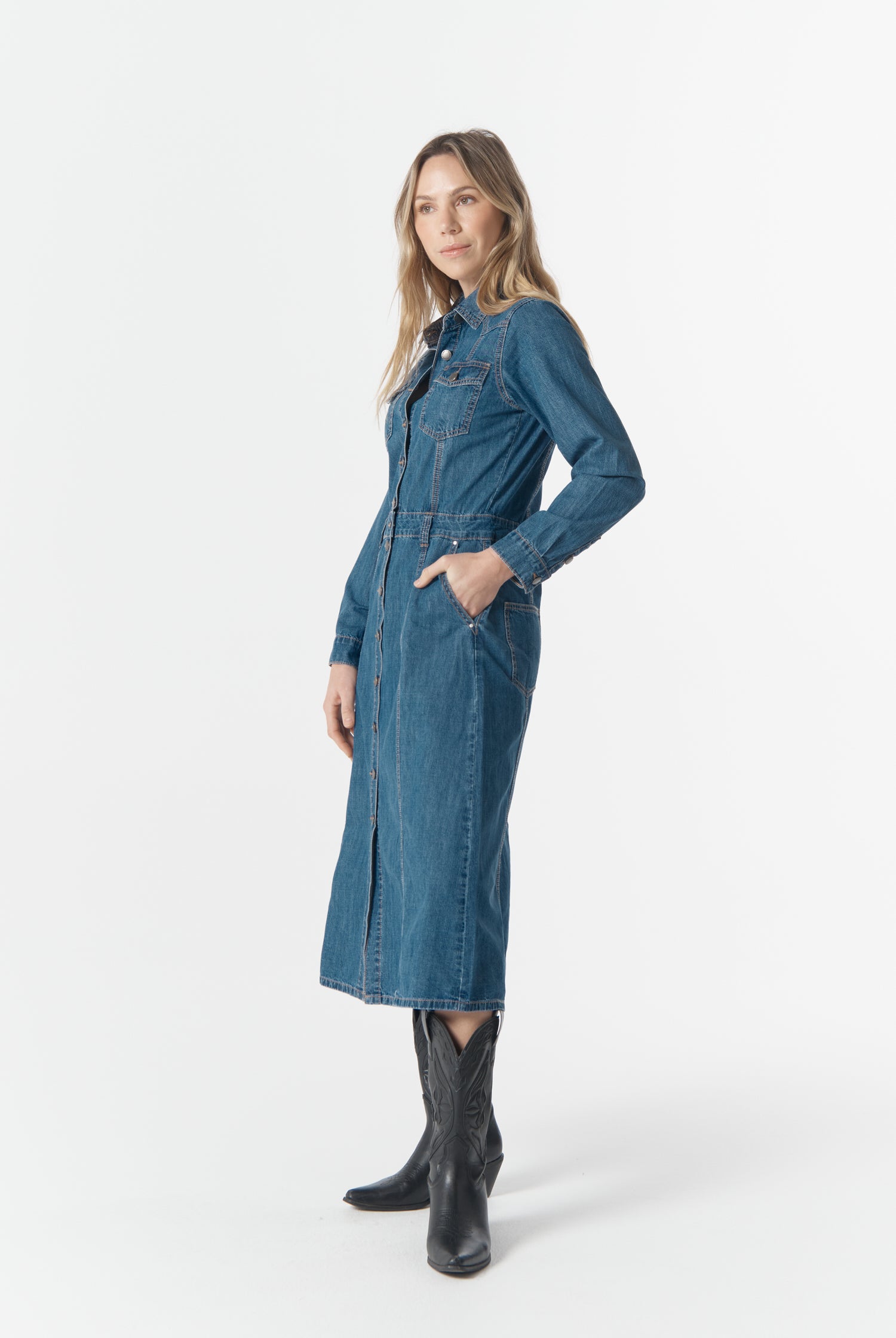 cloth+paper+scissors Dresses Dusty Rose Denim Dress - Denim Blue