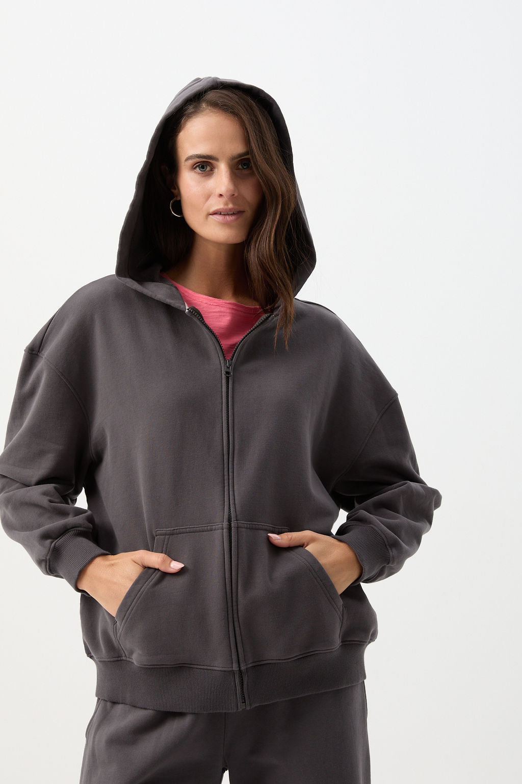 cloth+paper+scissors Rugbys Cotton Brushed Fleece Full Zip Hooded Jacket - Pavement Grey