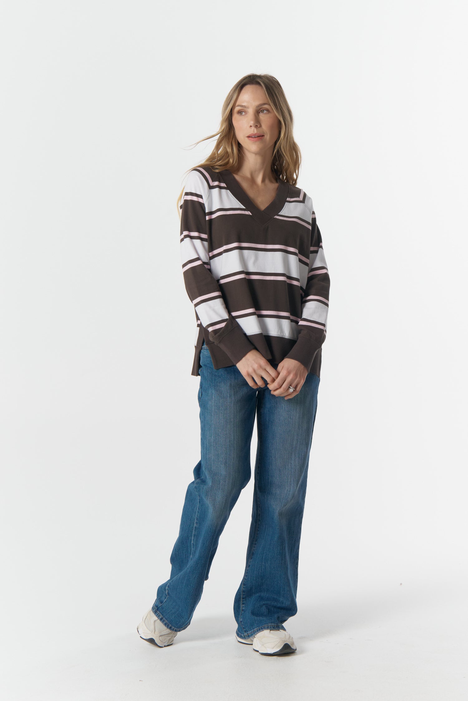 cloth+paper+scissors Rugbys Rugby Club V Neck Sweater - Chocolate Torte/Pink