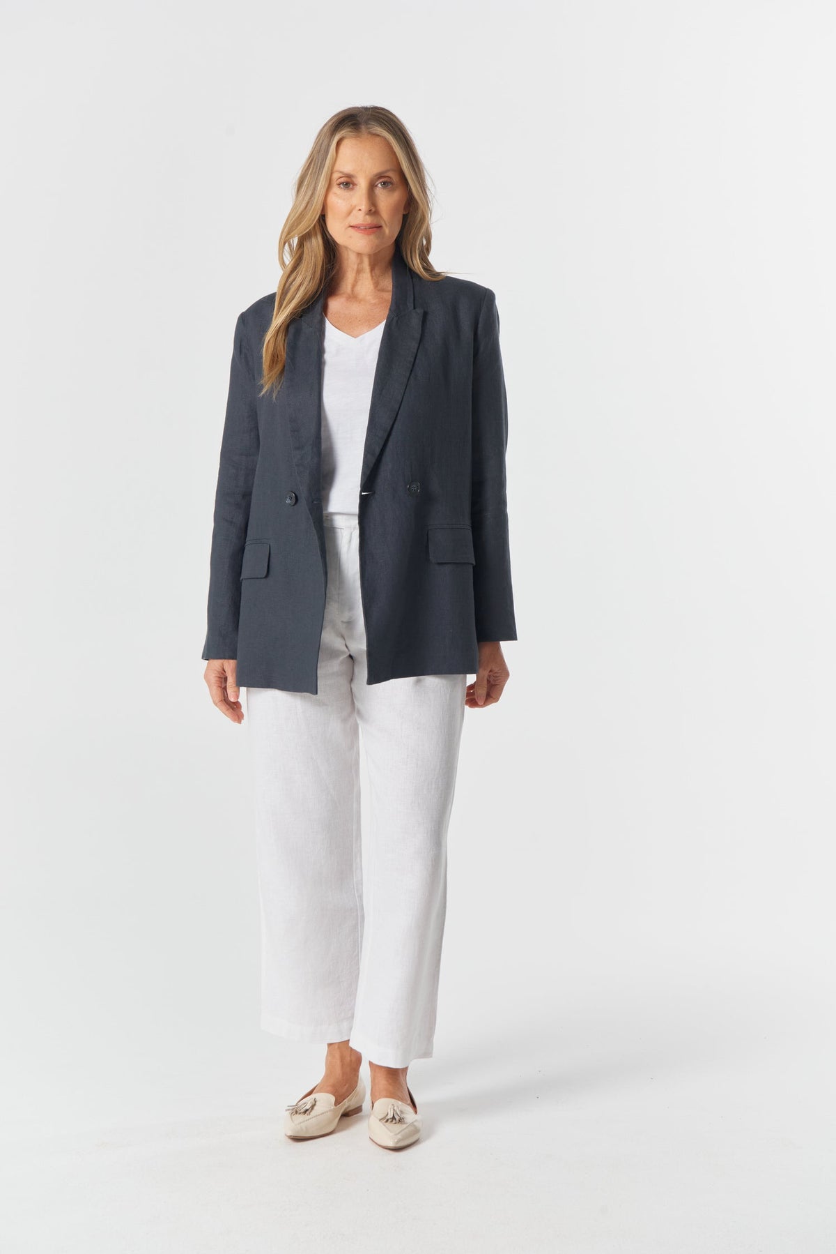 Goondiwindi Cotton Outerwear Linen Double Breasted Relaxed Jacket - Navy