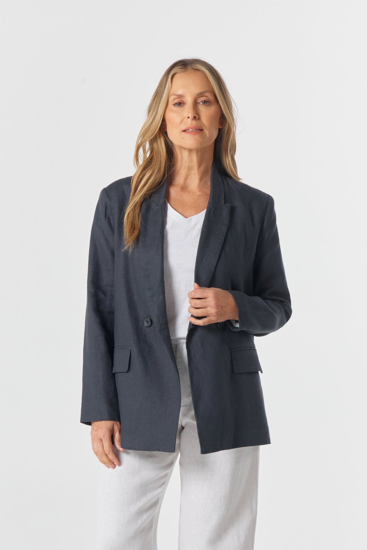 Goondiwindi Cotton Outerwear Linen Double Breasted Relaxed Jacket - Navy