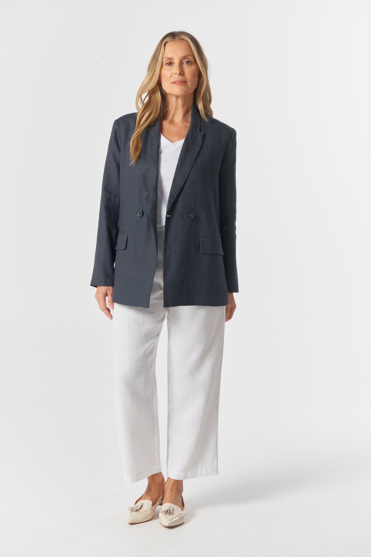 Goondiwindi Cotton Outerwear Linen Double Breasted Relaxed Jacket - Navy