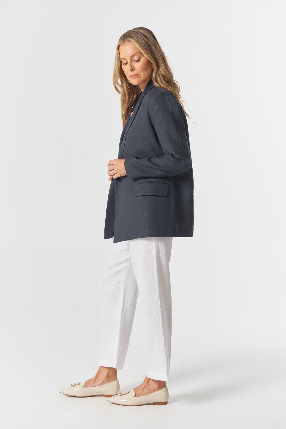 Goondiwindi Cotton Outerwear Linen Double Breasted Relaxed Jacket - Navy