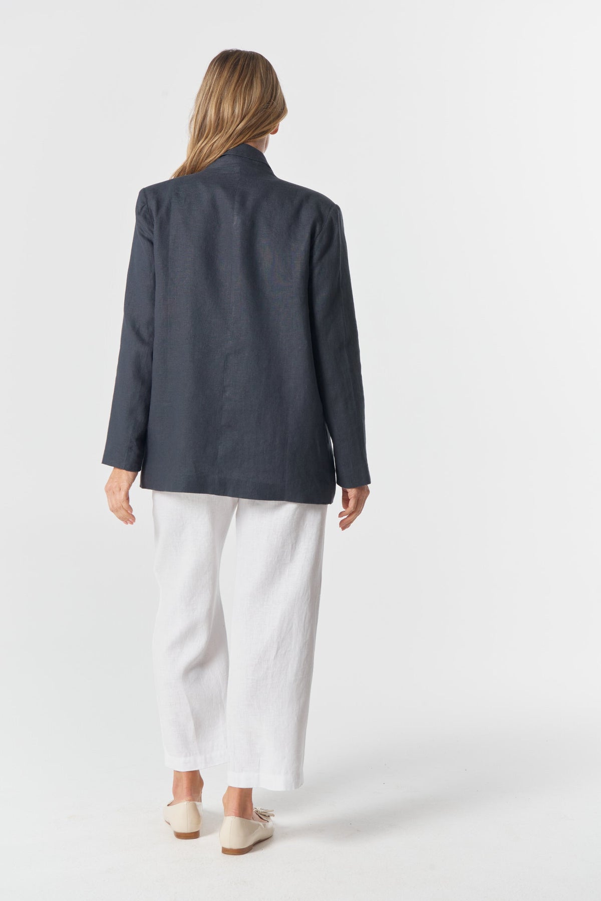 Goondiwindi Cotton Outerwear Linen Double Breasted Relaxed Jacket - Navy