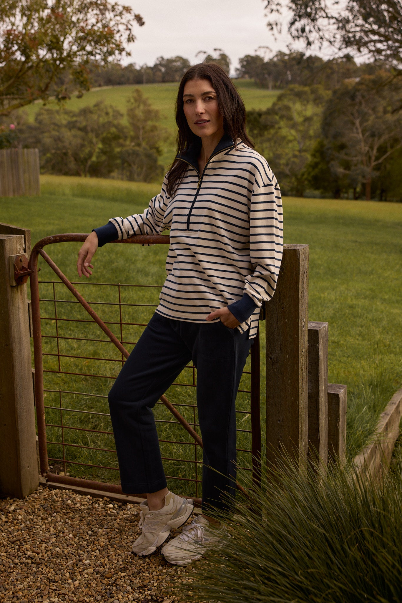 Goondiwindi Cotton Rugbys Outland Cotton ½ Zip Sweater - Birch/Dark Navy