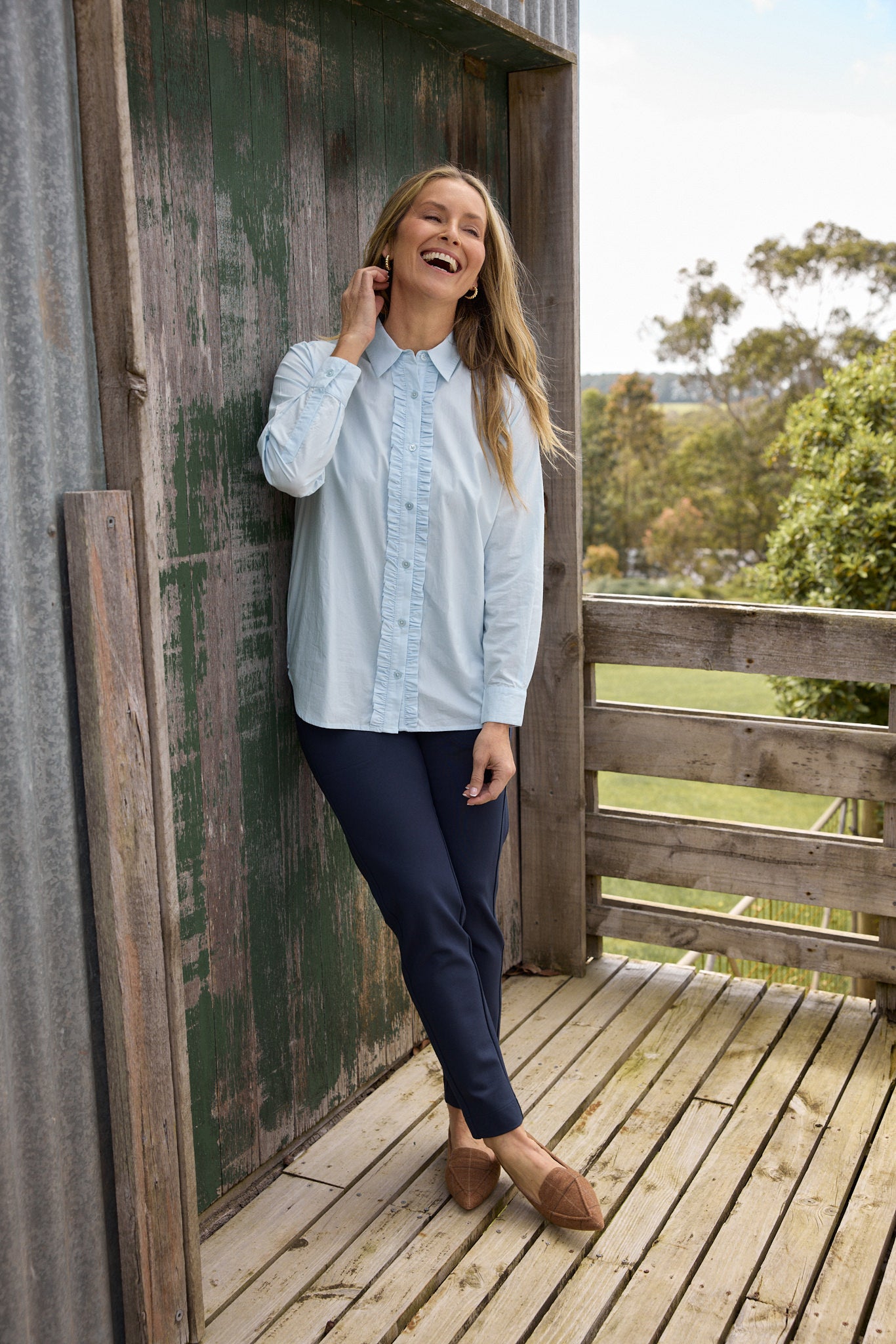 Goondiwindi Cotton Blouses Pearl Ruffle Cotton Shirt - Skyride Blue