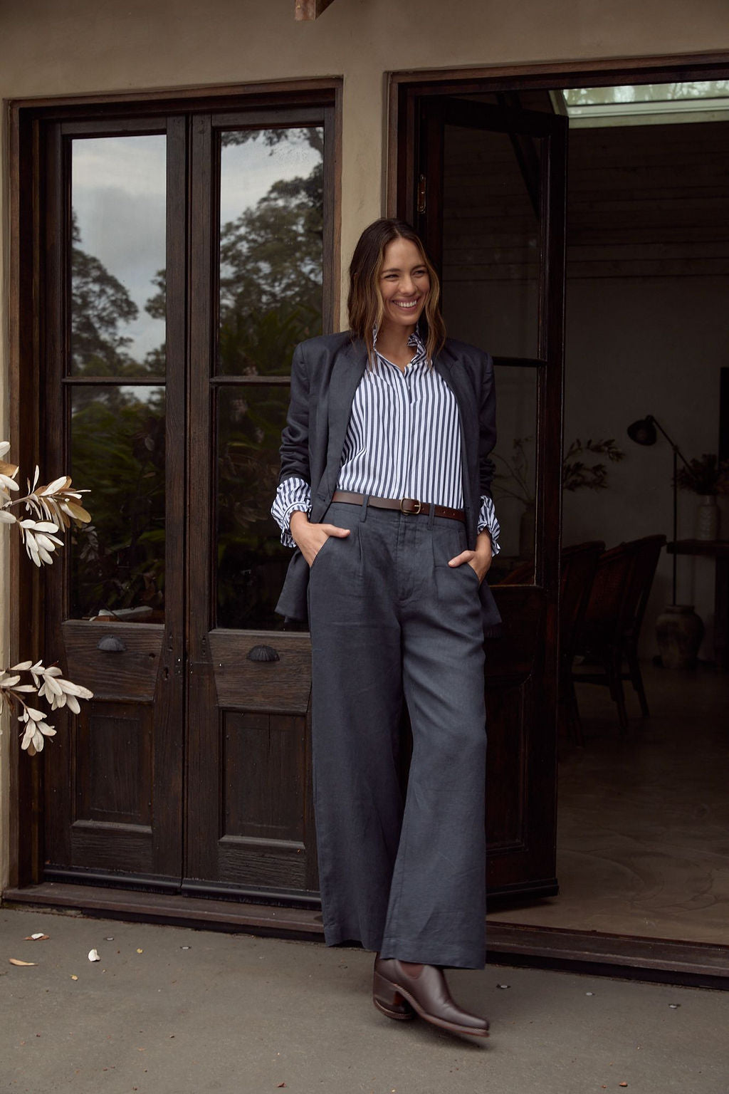 Goondiwindi Cotton Outerwear Linen Double Breasted Relaxed Jacket - Navy