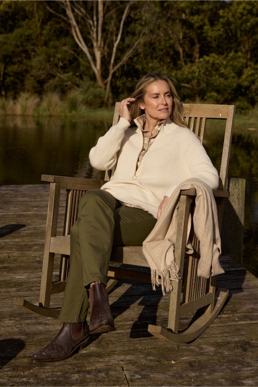 Goondiwindi Cotton Knitwear Jillaroo ½ Zip Merino Cotton Jumper - Whipped Cream