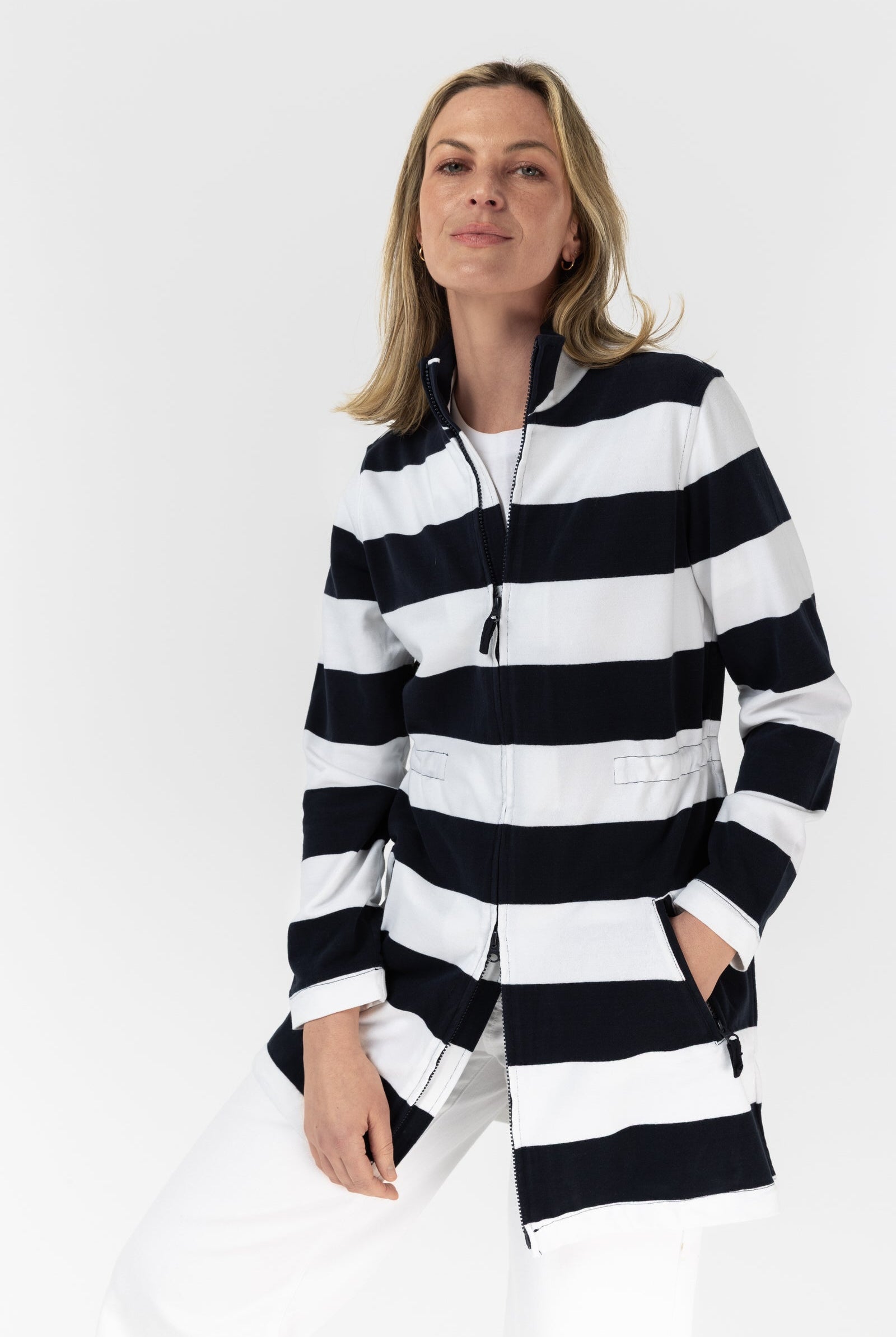 Stripe Rugby Zip Through Jacket - White/Parisian Night by Goondiwindi Cotton. Timeless women’s fashion using natural fibres and classic shapes