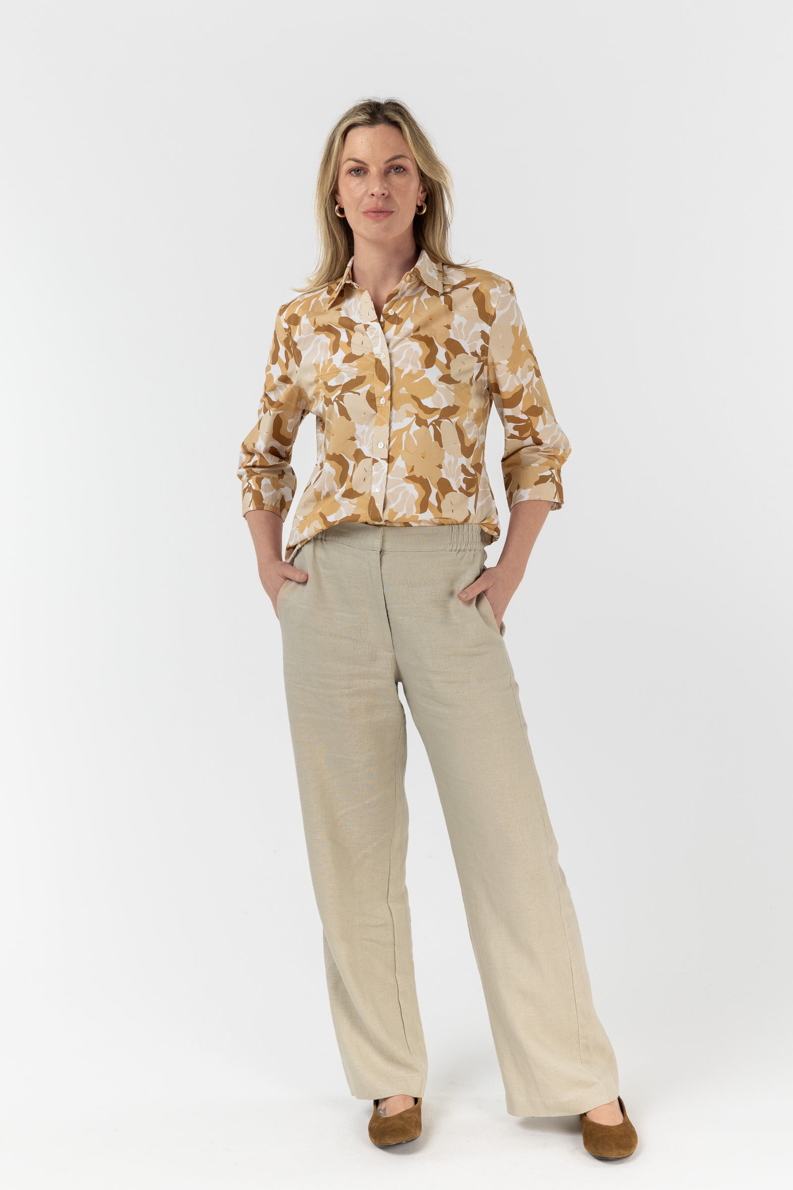 Straight Leg Flat Front Linen Pant - Latte by Goondiwindi Cotton. Timeless women’s fashion using natural fibres and classic shapes