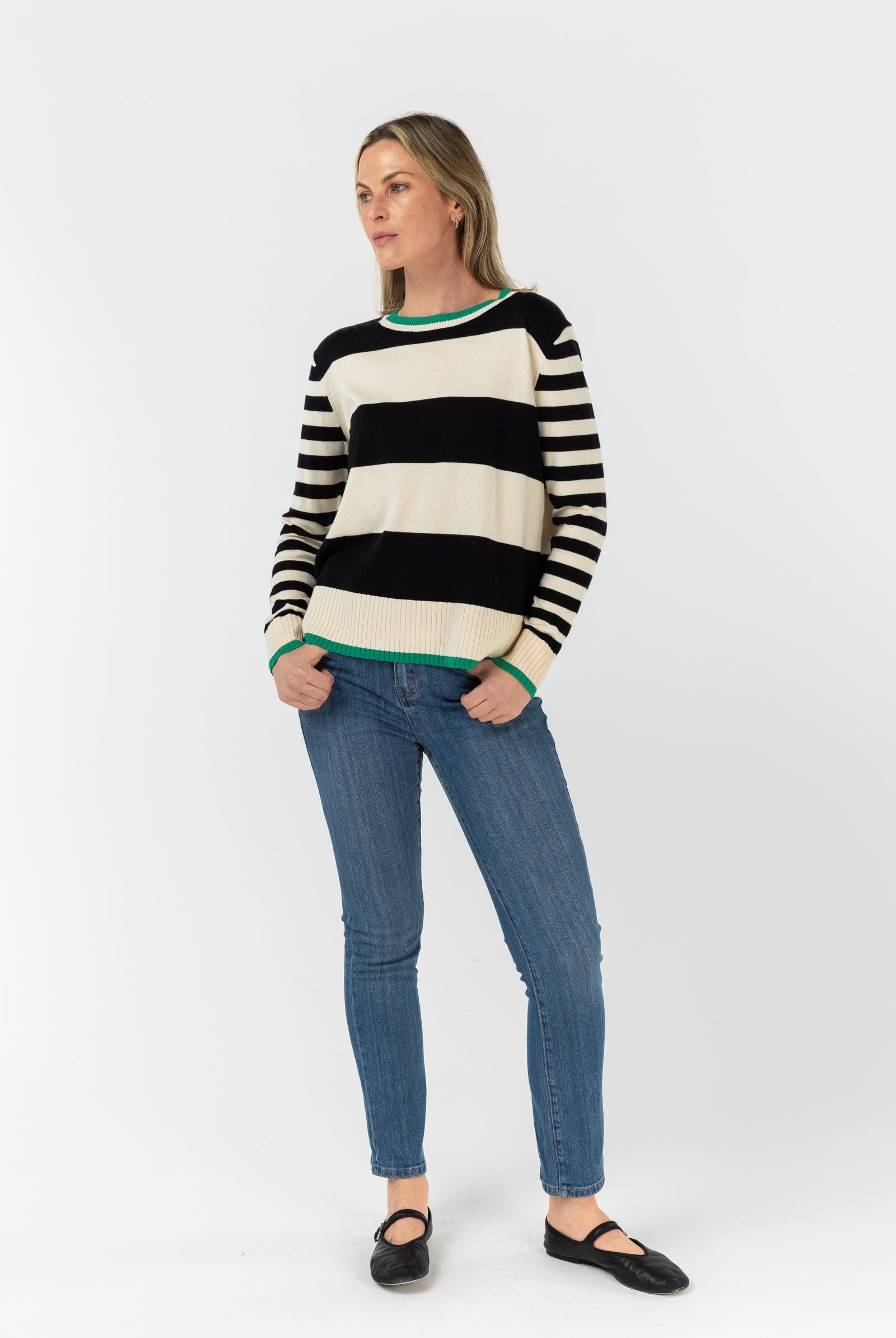 Preppy Crew Neck Knit Jumper - Black/Cream/Green by cloth+paper+scissors. Timeless women’s fashion using natural fibres and classic shapes