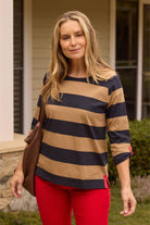 Track ¾ Sleeve Cotton Jersey Tee - Iced Coffee/Navy by Goondiwindi Cotton. Timeless women’s fashion using natural fibres and classic shapes