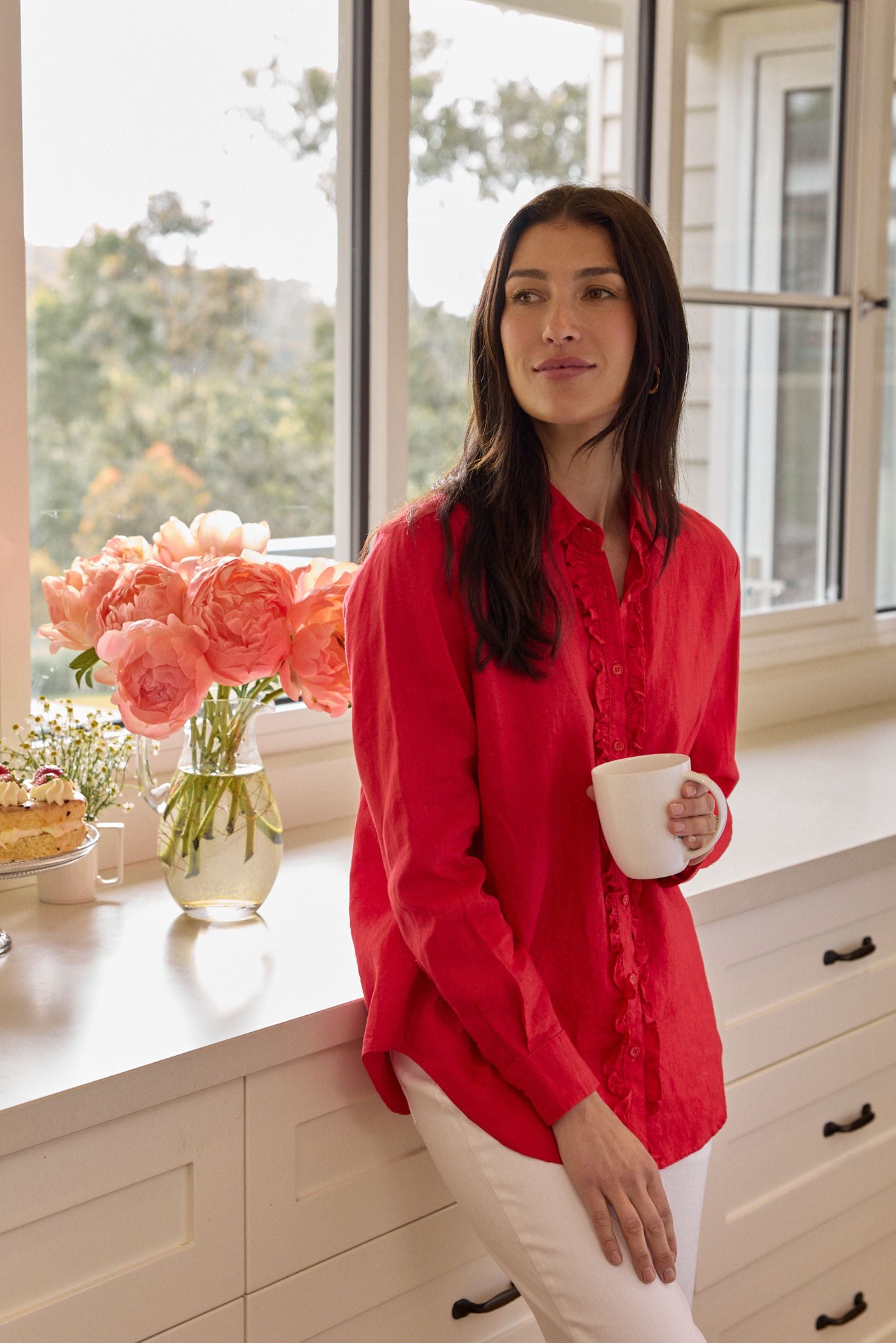 Pearl Ruffle Linen Shirt - Poinsettia by Goondiwindi Cotton. Timeless women’s fashion using natural fibres and classic shapes