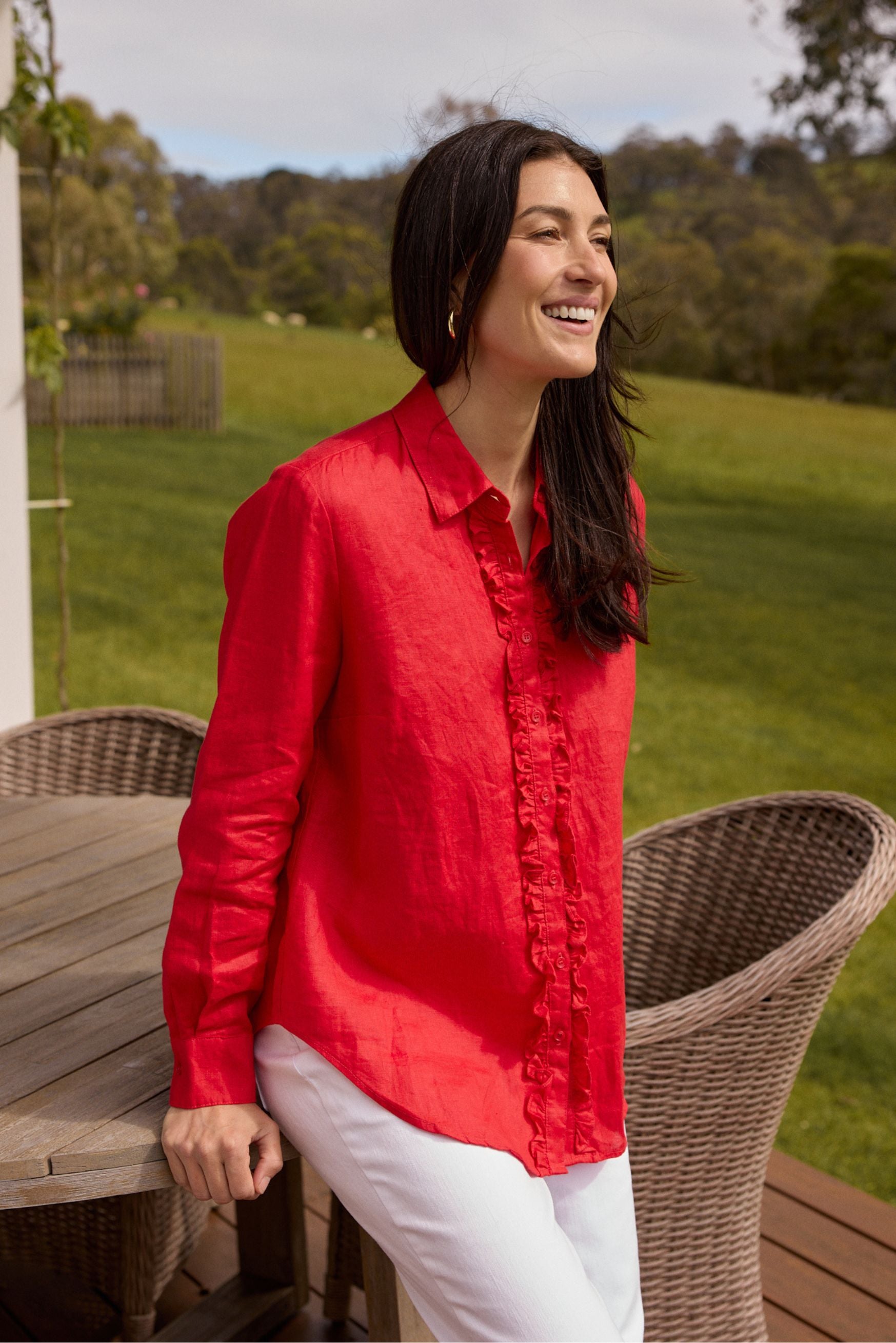 Pearl Ruffle Linen Shirt - Poinsettia by Goondiwindi Cotton. Timeless women’s fashion using natural fibres and classic shapes