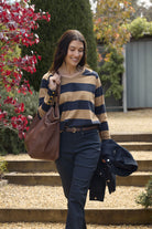 Travel V Neck Cotton Jersey Tee - Iced Coffee/Navy by Goondiwindi Cotton. Timeless women’s fashion using natural fibres and classic shapes