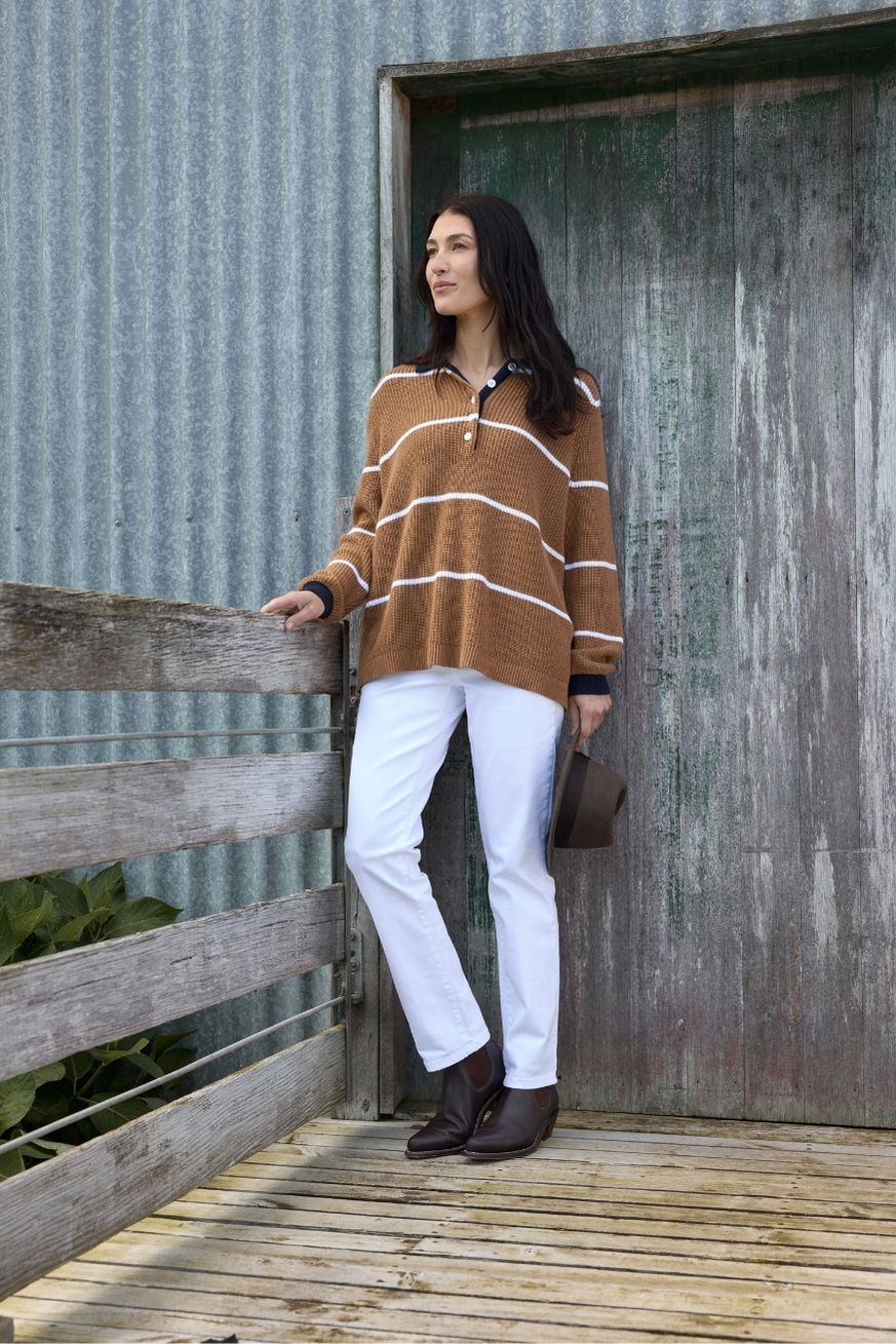Goondiwindi Cotton Knitwear Husk Cotton Cashmere Collared Knit Jumper - Iced Coffee/Laser White