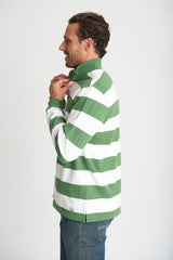 Mens Cotton Stripe Zip Rugby Green/White