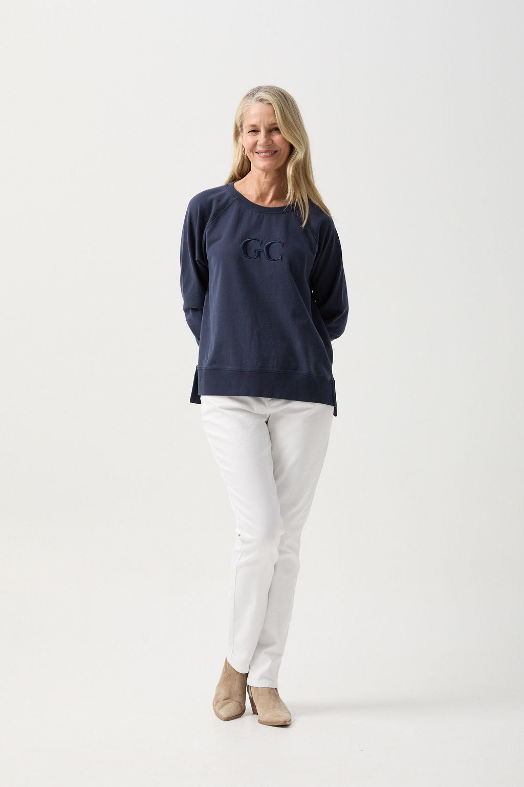 GC Logo Sweater - Dark Navy by Goondiwindi Cotton. Timeless women’s fashion using natural fibres and classic shapes