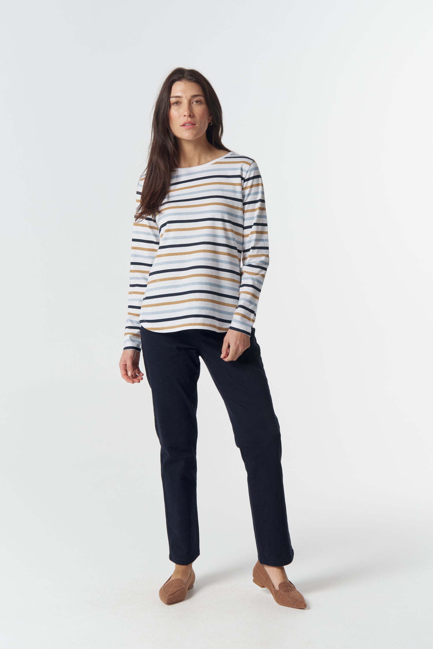 Goondiwindi Cotton Tees Original Multi Stripe Long Sleeve Tee - Skyride Blue