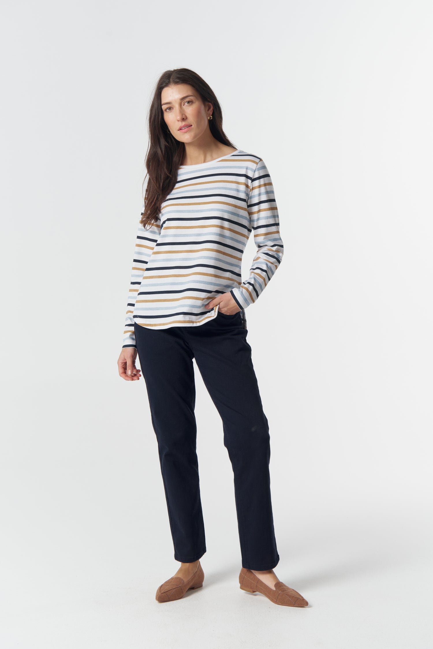 Goondiwindi Cotton Tees Original Multi Stripe Long Sleeve Tee - Skyride Blue