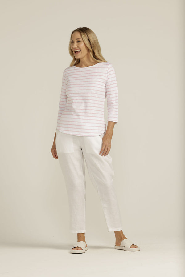 Cotton 3/4 Sleeve Stripe Tee White/Pale Pink