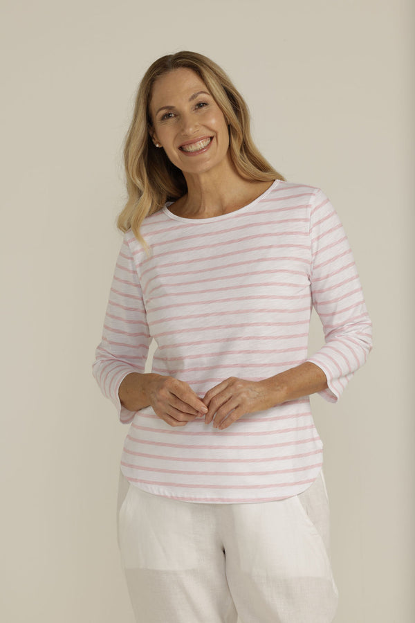 Cotton 3/4 Sleeve Stripe Tee White/Pale Pink