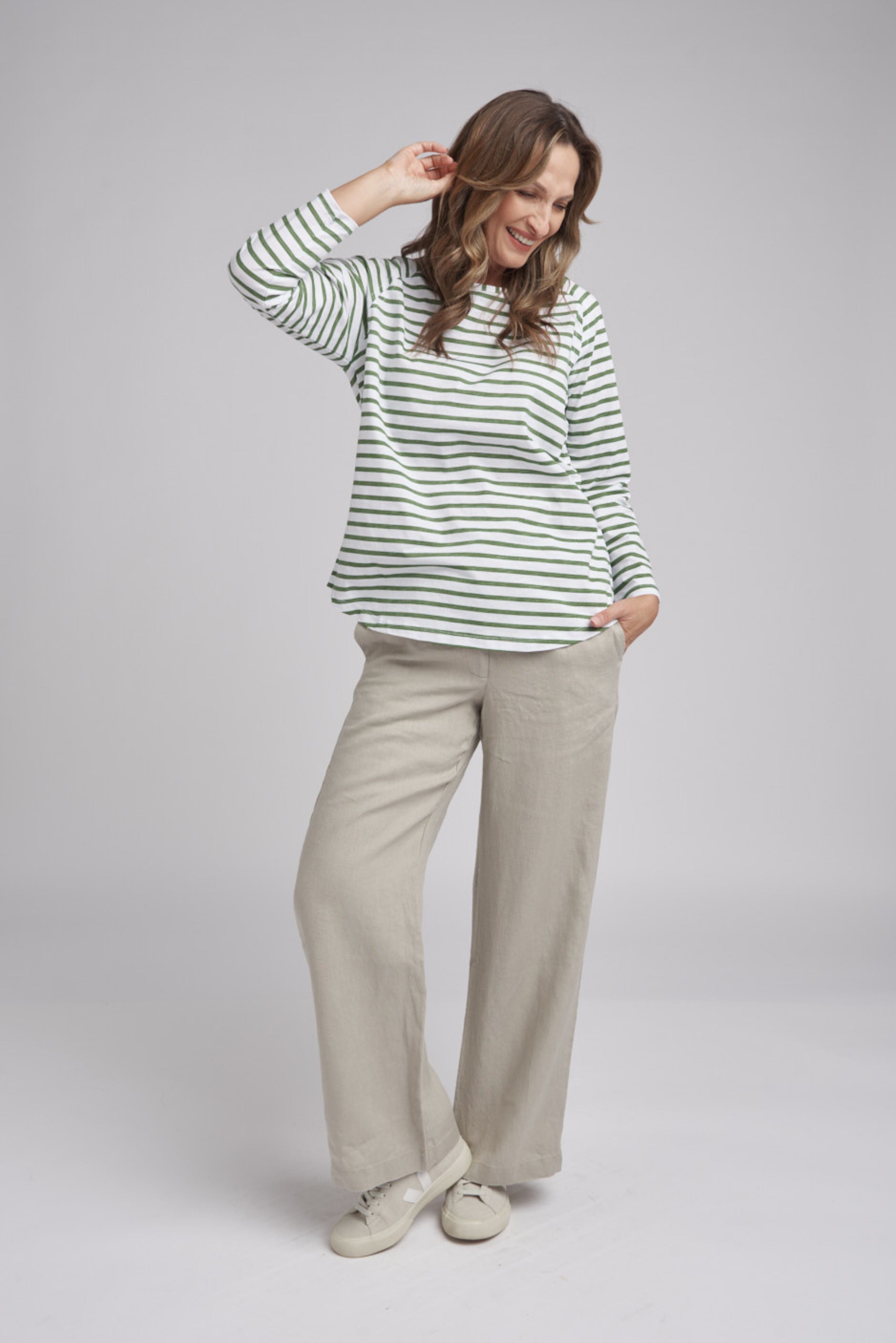 Goondiwindi Cotton Tees Stripe Long Sleeve Tee - White/Fern Green