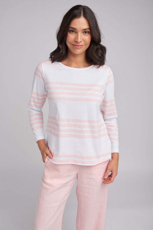 Boxy Stripe Tee With Long Back White/Ballet Pink