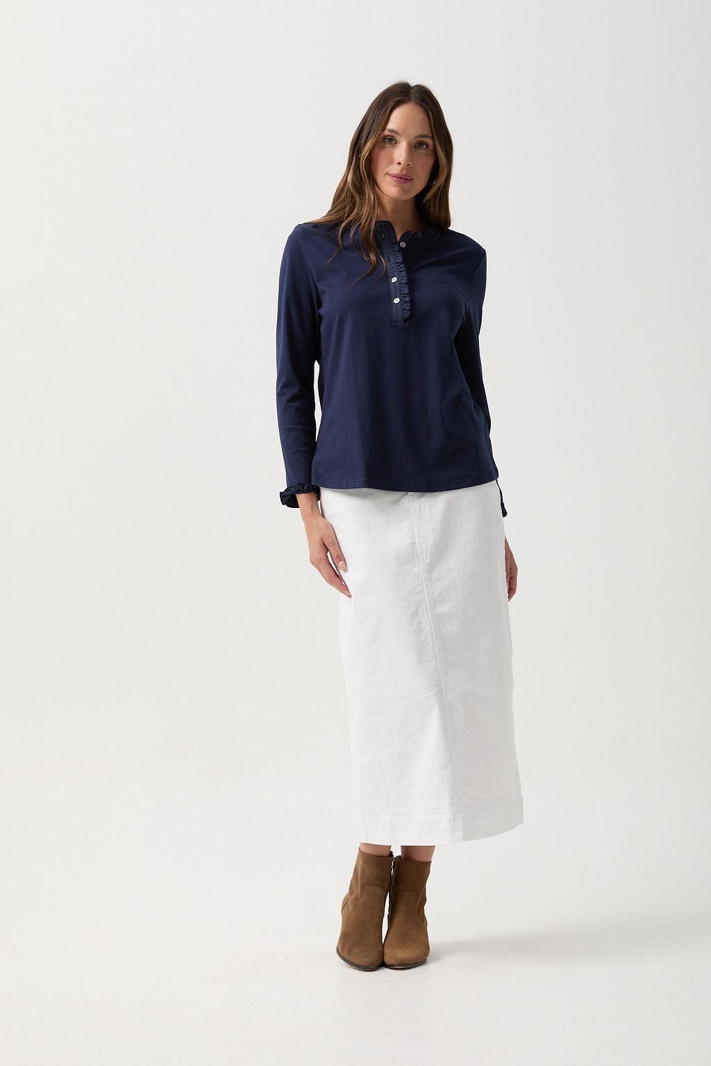 Goondiwindi Cotton Tees Frill Collar Long Sleeve Tee - Navy