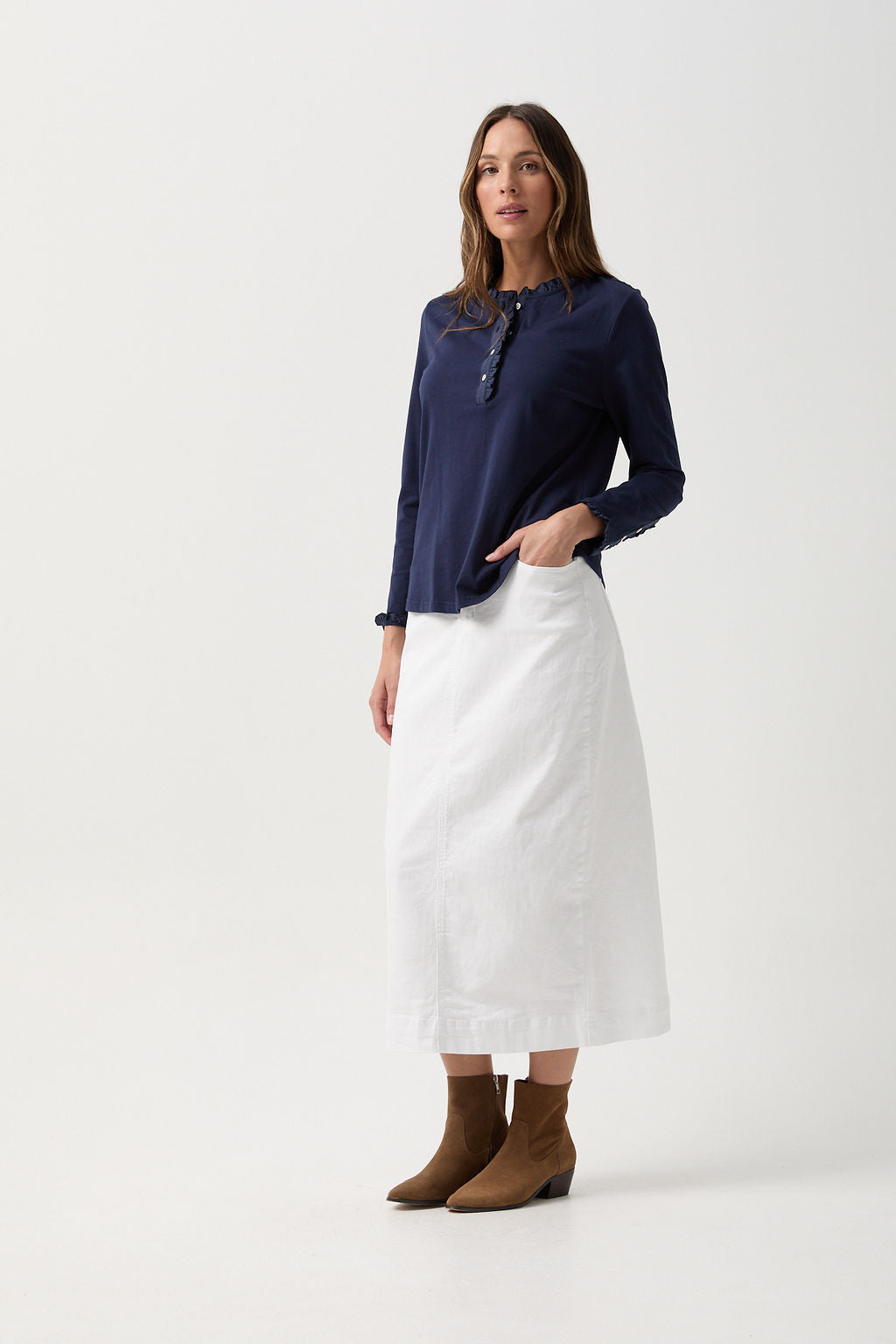 Goondiwindi Cotton Tees Frill Collar Long Sleeve Tee - Navy