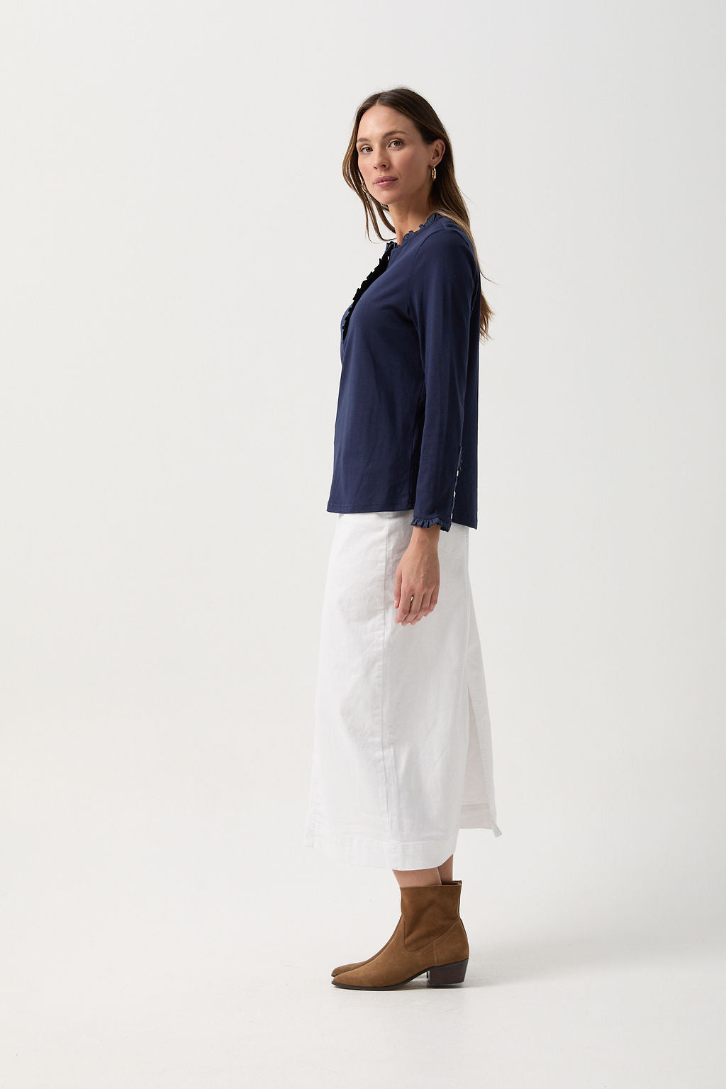 Goondiwindi Cotton Tees Frill Collar Long Sleeve Tee - Navy