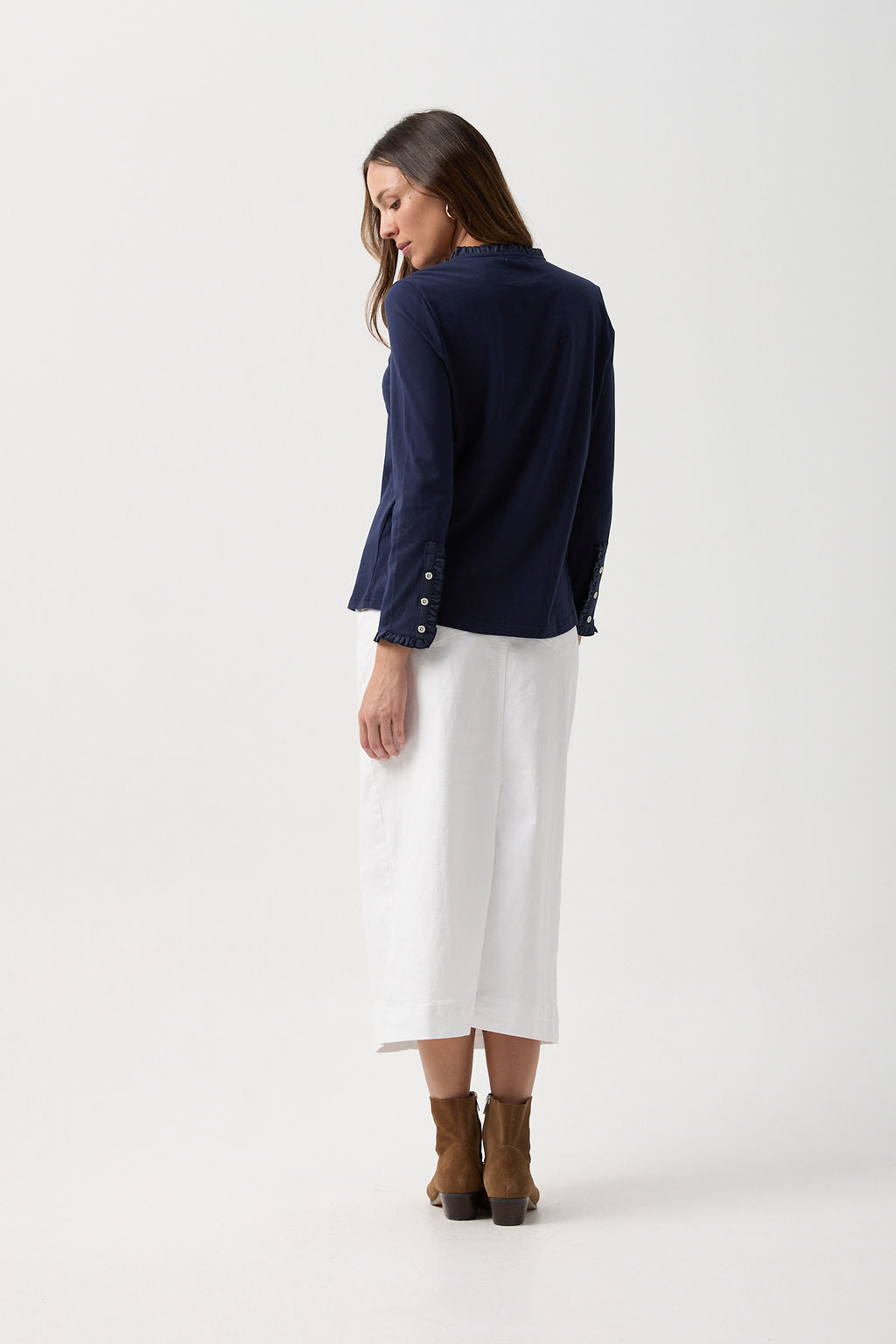 Goondiwindi Cotton Tees Frill Collar Long Sleeve Tee - Navy