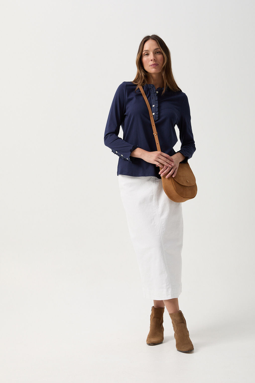 Goondiwindi Cotton Tees Frill Collar Long Sleeve Tee - Navy