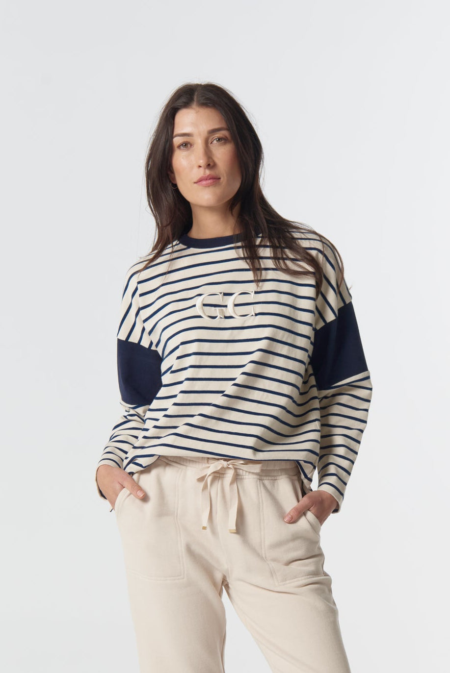 Goondiwindi Cotton Rugbys GC Logo Stripe Cotton Sweater - Birch/Dark Navy
