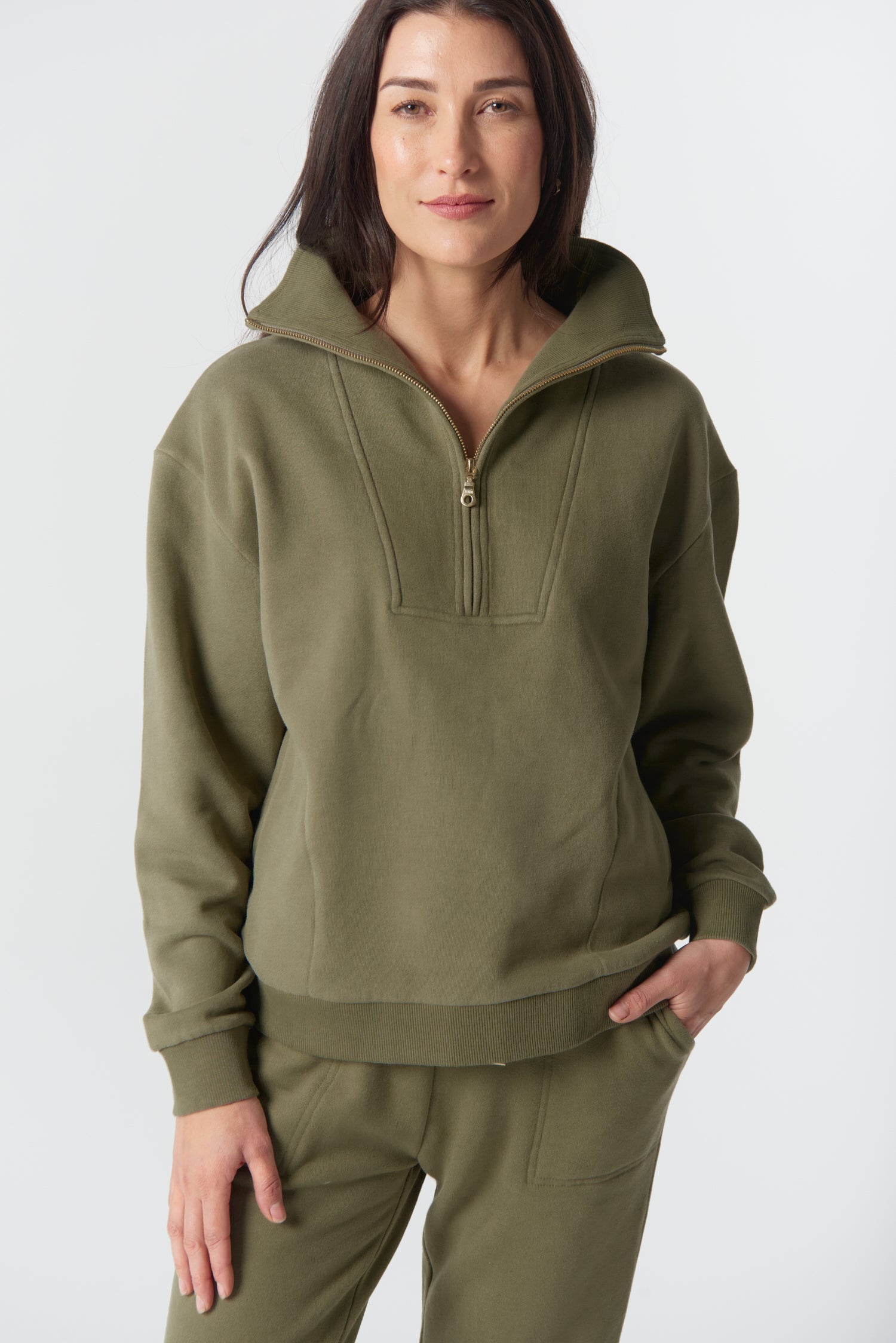Goondiwindi Cotton Rugbys Rugged ½ Zip Cotton Sweater - Sage