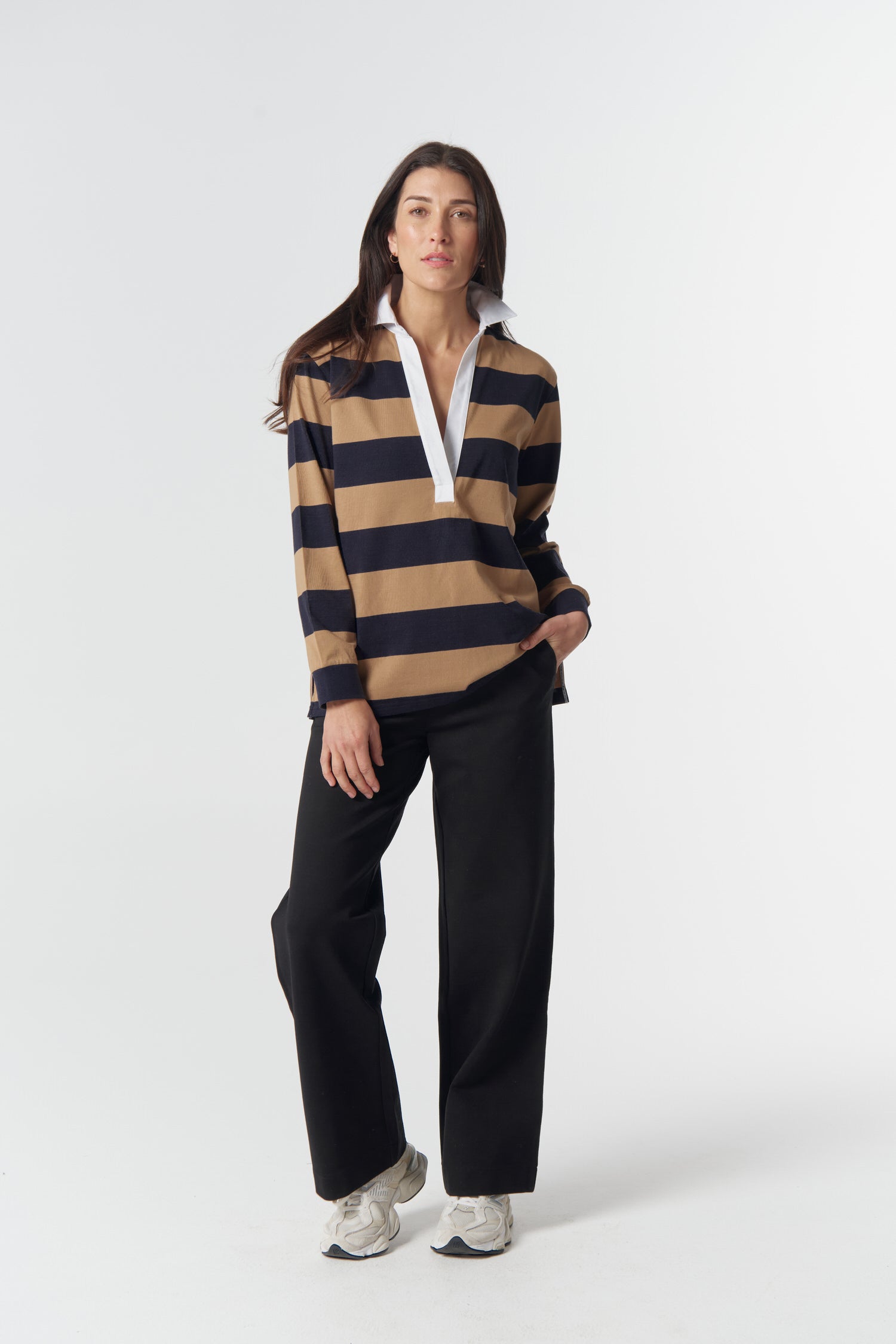 Overland Cotton Rugby Top - Iced Coffee/Navy by Goondiwindi Cotton. Timeless women’s fashion using natural fibres and classic shapes