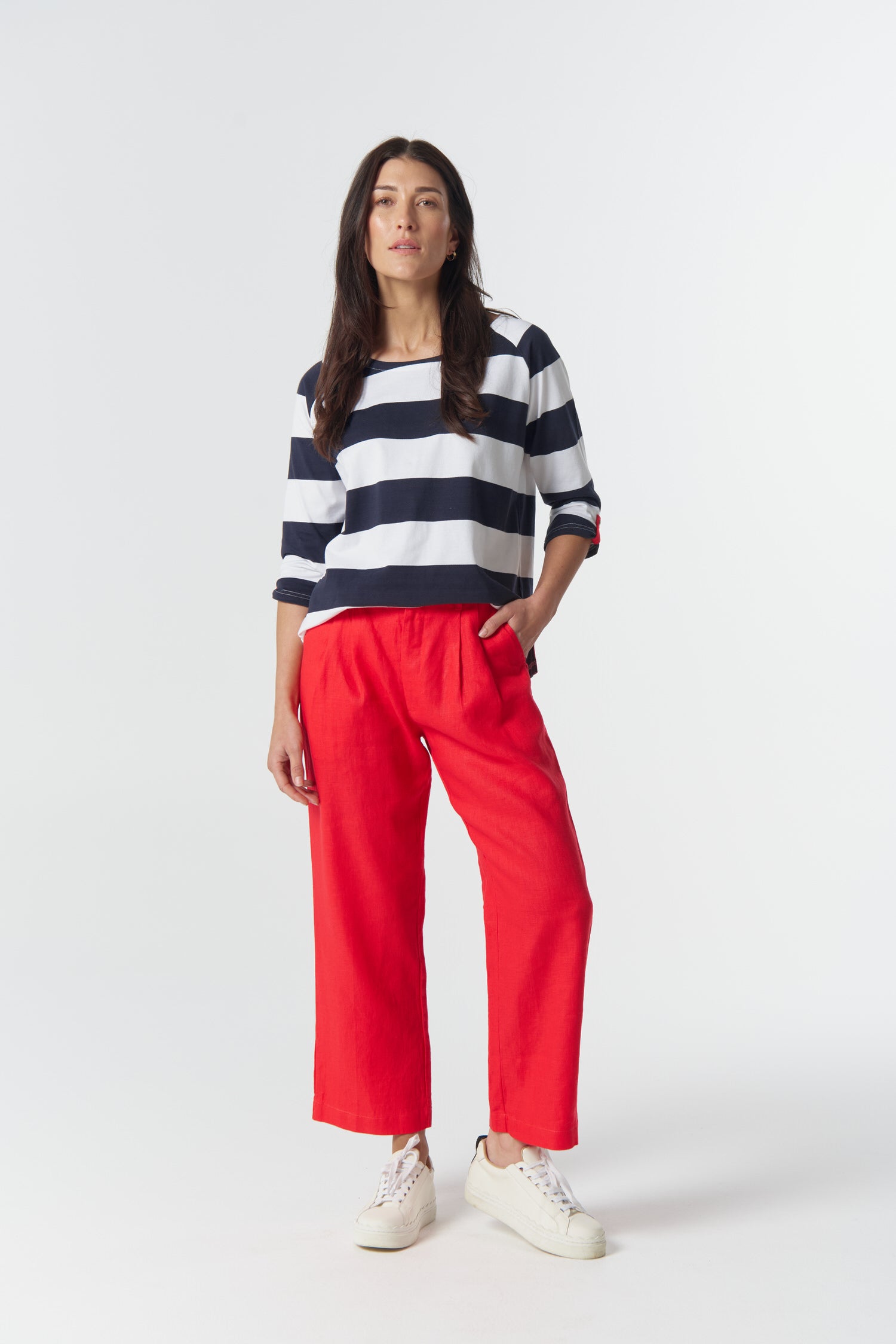 Track ¾ Sleeve Cotton Jersey Tee - Dark Navy/White by Goondiwindi Cotton. Timeless women’s fashion using natural fibres and classic shapes