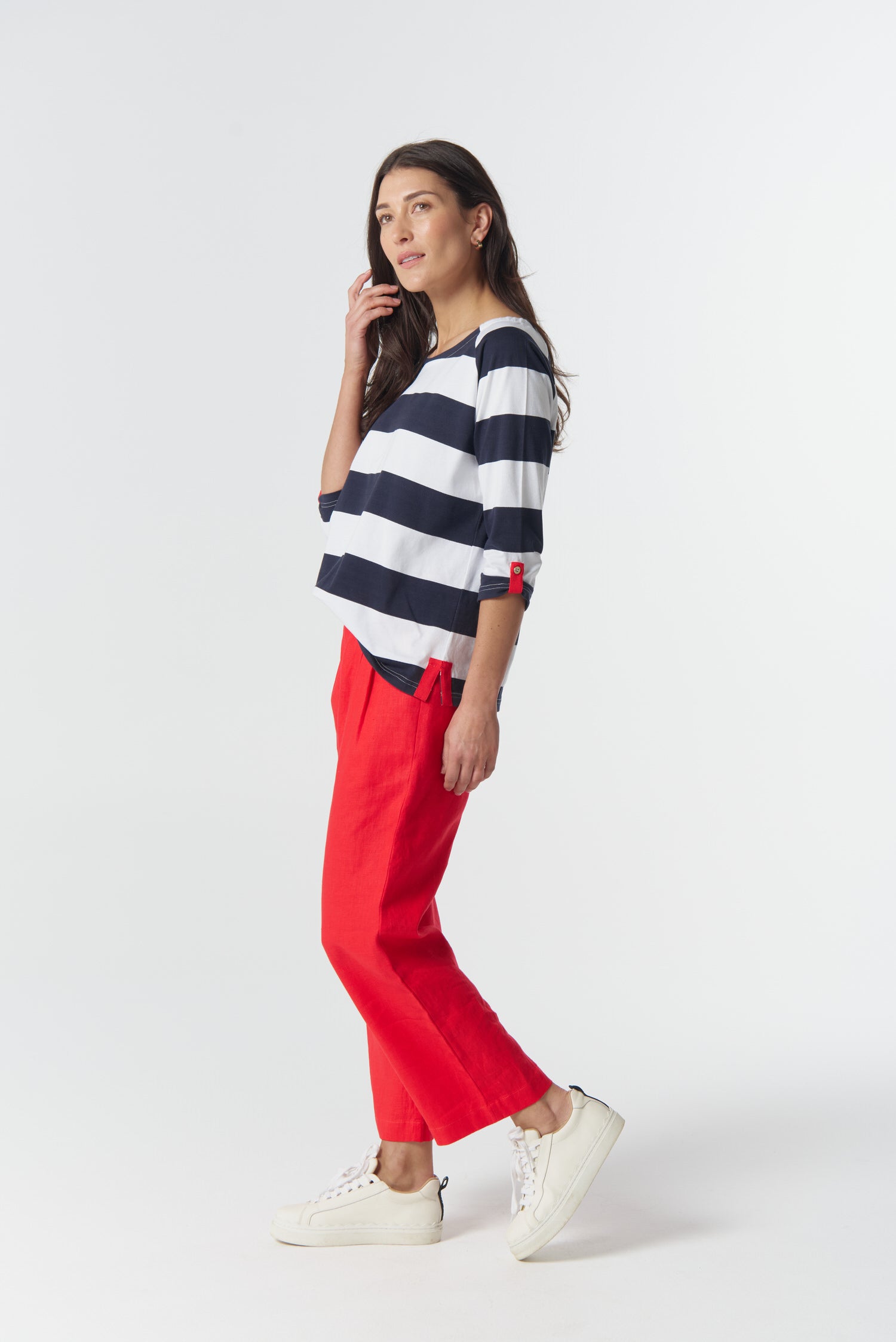 Track ¾ Sleeve Cotton Jersey Tee - Dark Navy/White by Goondiwindi Cotton. Timeless women’s fashion using natural fibres and classic shapes