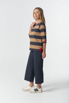 Track ¾ Sleeve Cotton Jersey Tee - Iced Coffee/Navy by Goondiwindi Cotton. Timeless women’s fashion using natural fibres and classic shapes