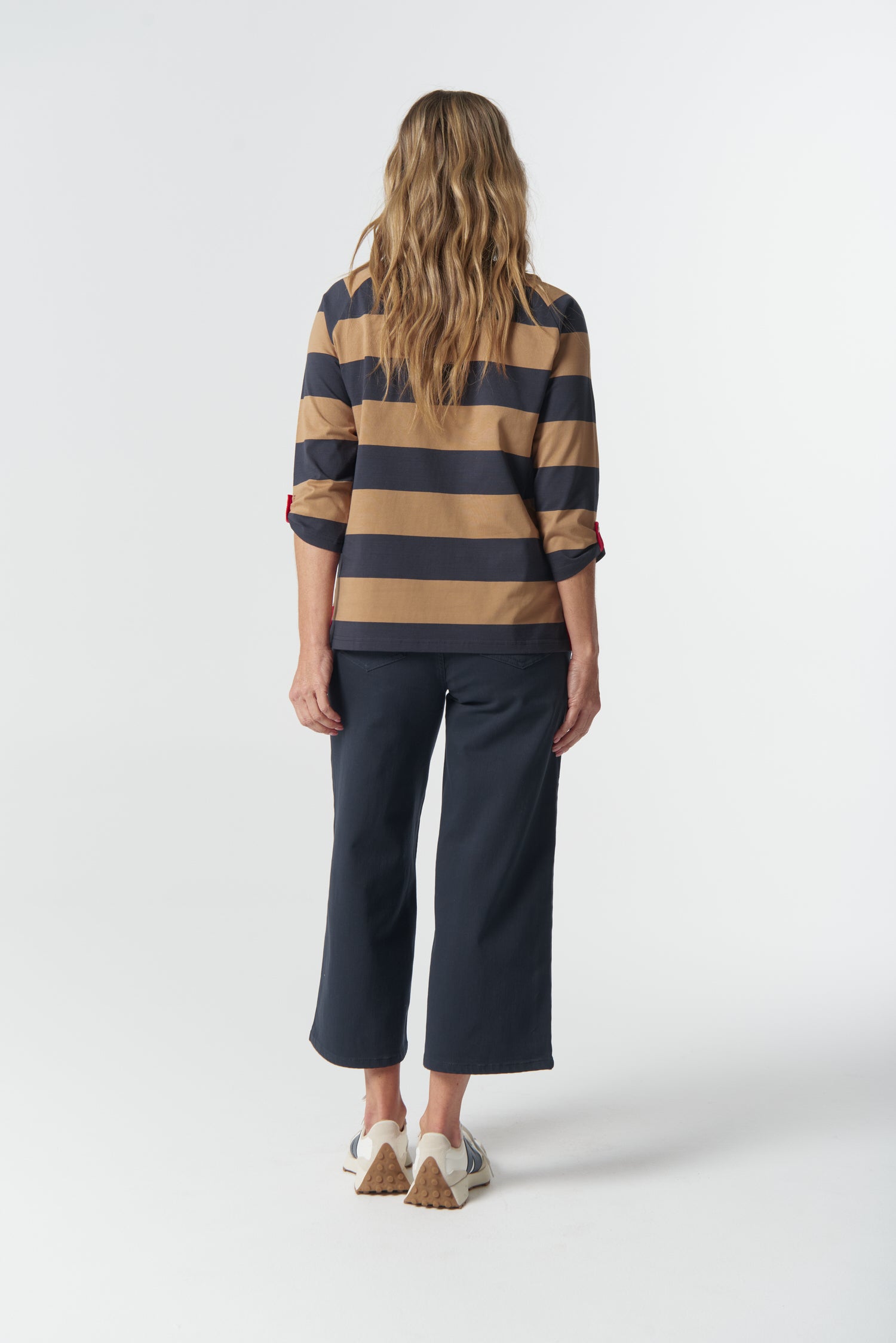 Track ¾ Sleeve Cotton Jersey Tee - Iced Coffee/Navy by Goondiwindi Cotton. Timeless women’s fashion using natural fibres and classic shapes