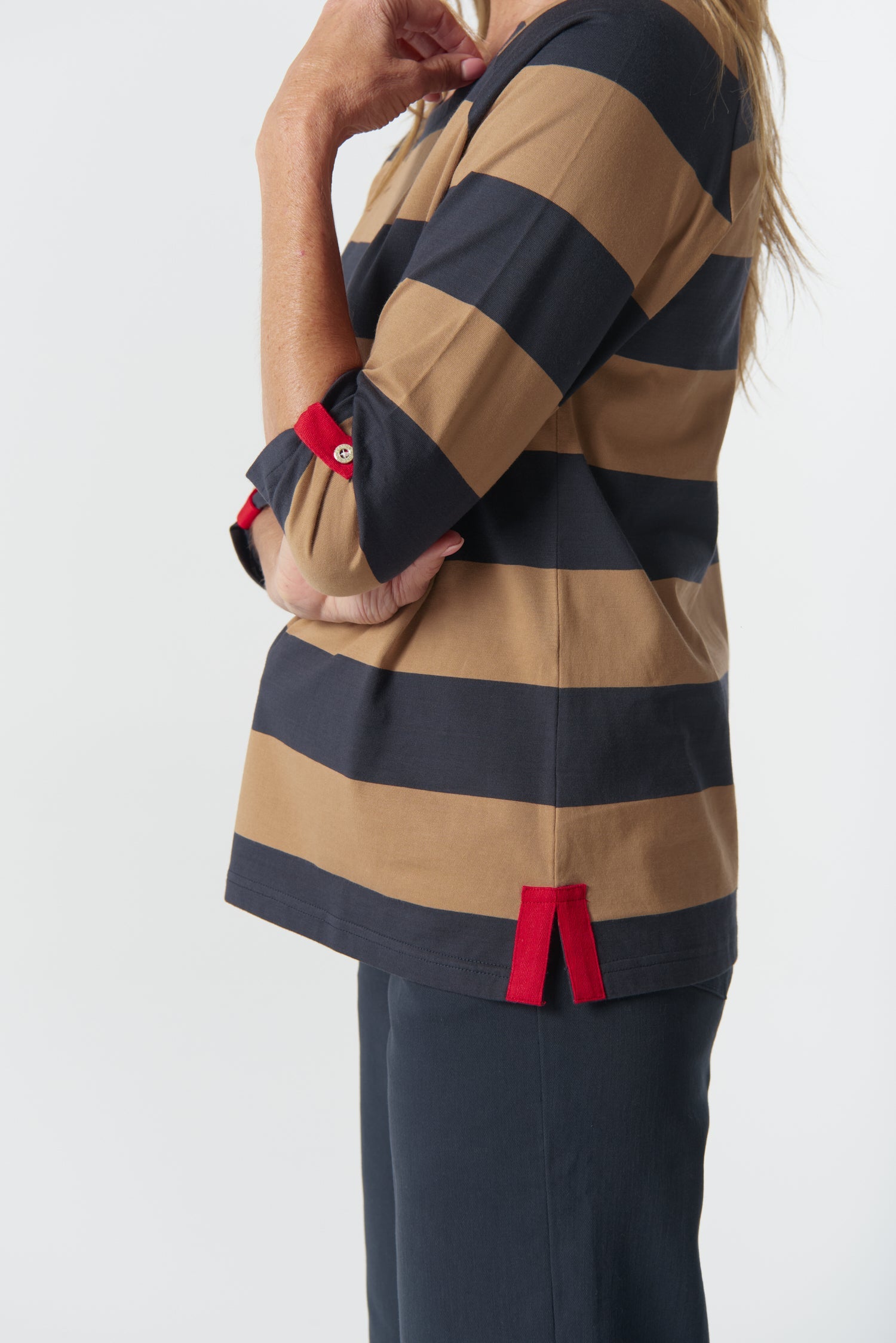 Track ¾ Sleeve Cotton Jersey Tee - Iced Coffee/Navy by Goondiwindi Cotton. Timeless women’s fashion using natural fibres and classic shapes